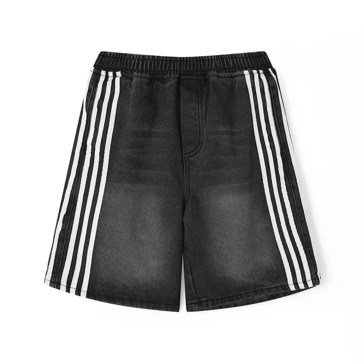 Jax Denim Shorts featuring bold side stripes, a relaxed fit, and a washed black finish for a sporty, casual look.