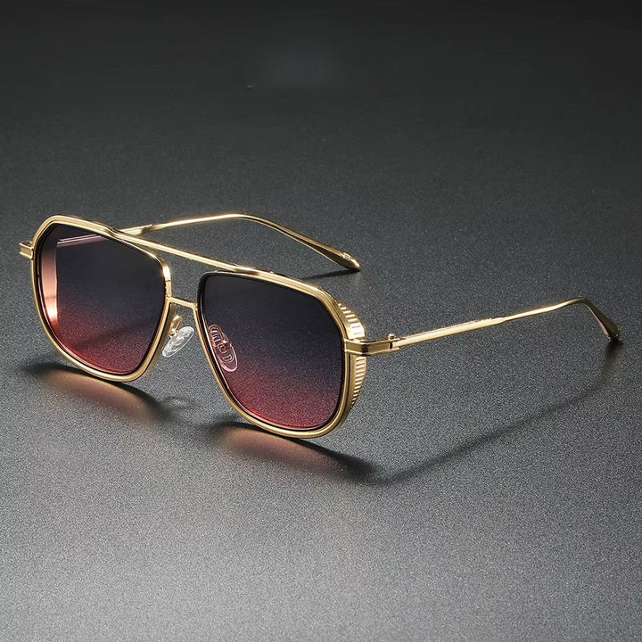 Alloy aviator sunglasses with gold metal frame and UV-blocking tinted lenses, featuring a modern geometric design.