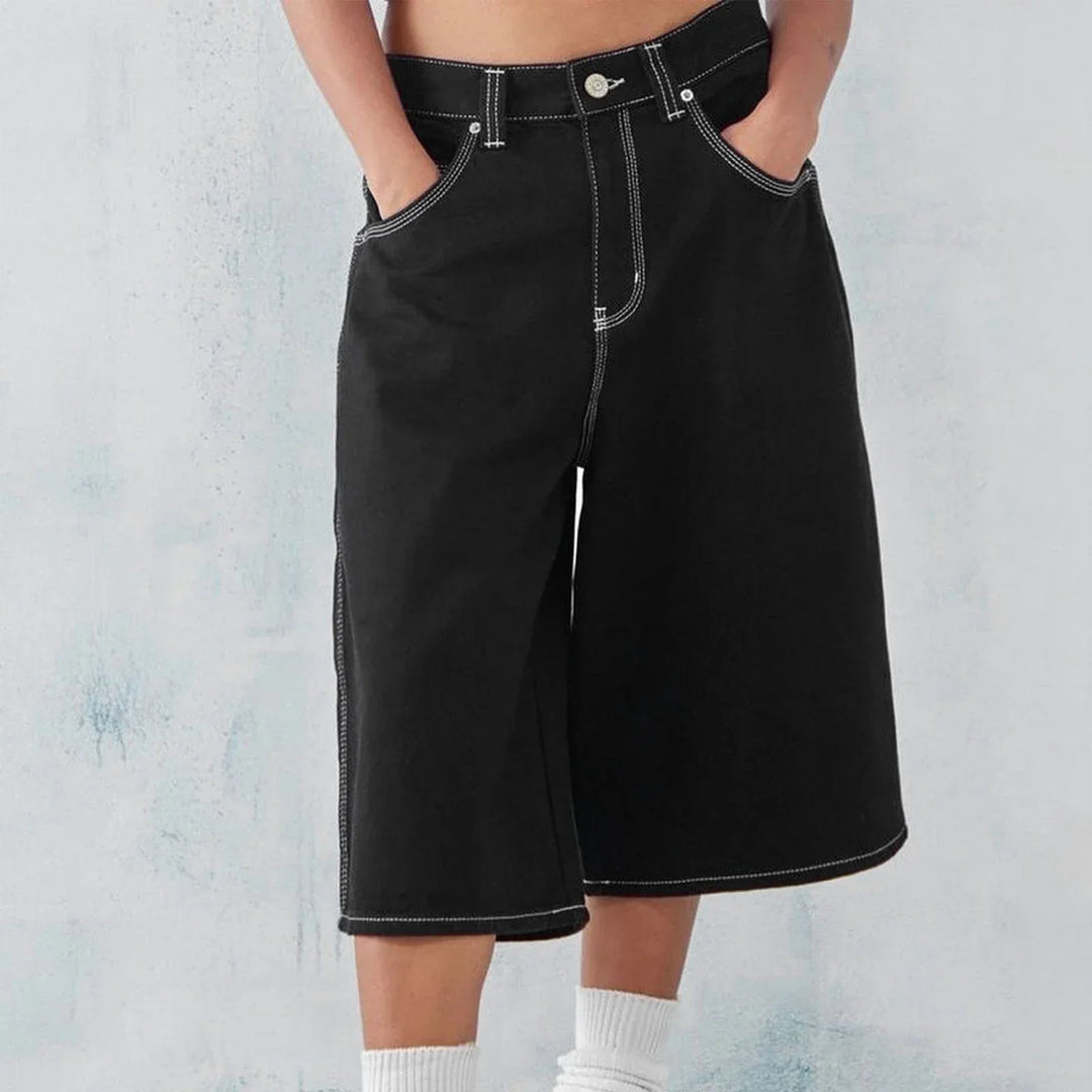 Kai Men's Straight Denim Shorts in black, featuring a clean cut and structured knee-length fit for comfort and style.