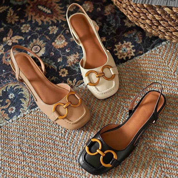 Rivena Slingback Sandals in three colors: black, beige, and cream showcasing square toes and metallic accents.