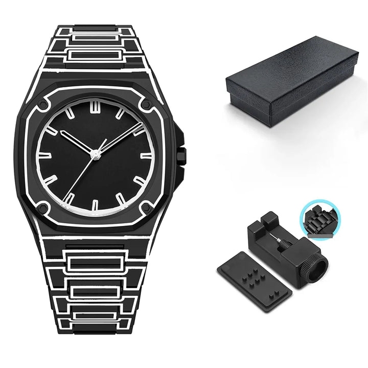Outline Arc Watch with distinctive 3D design, durable silicone strap, and included packaging for protection.