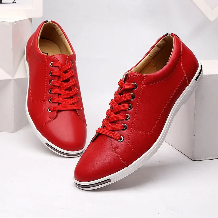 Paxton Low-Top Comfort Sneakers in red, featuring leather upper, memory foam insoles, and lightweight design for all-day wear.
