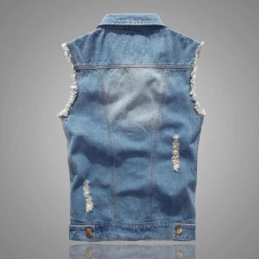 Back view of Knox Denim Vest featuring raw-edge armholes, frayed detailing, and casual distressed style.