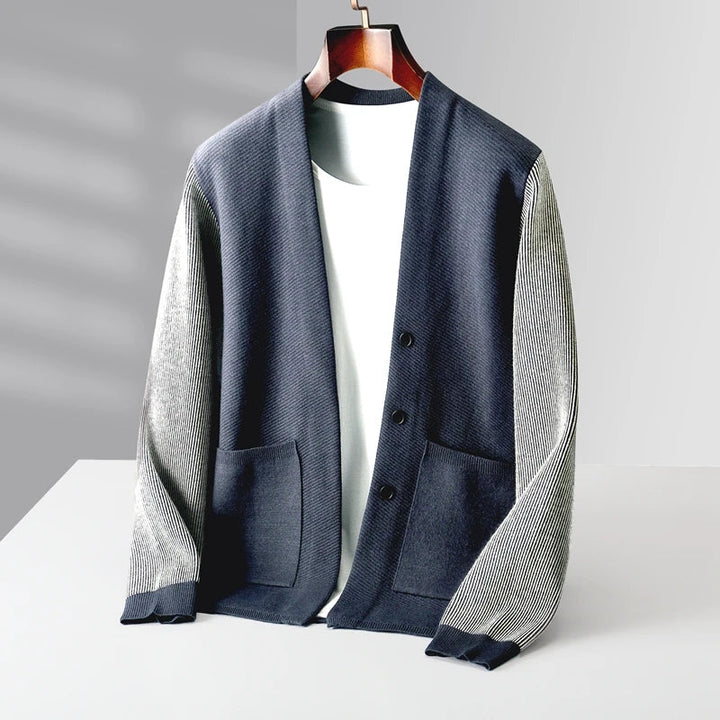 Rowan Merino Cardigan featuring soft merino wool, ribbed contrast sleeves, and a clean button-front design