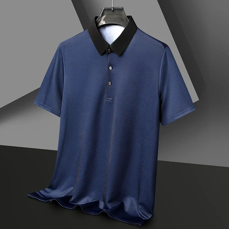 Eden Striped Polo shirt in navy blue with black contrast collar, highlighting sleek micro-stripe texture and athletic fit.