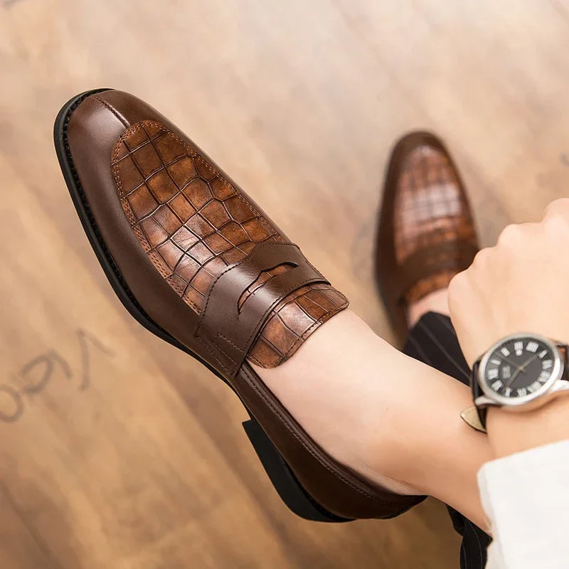 Lucera Men's Leather Crocodile Loafers with polished texture, cushioned insole, and rubber outsole for comfort and style.