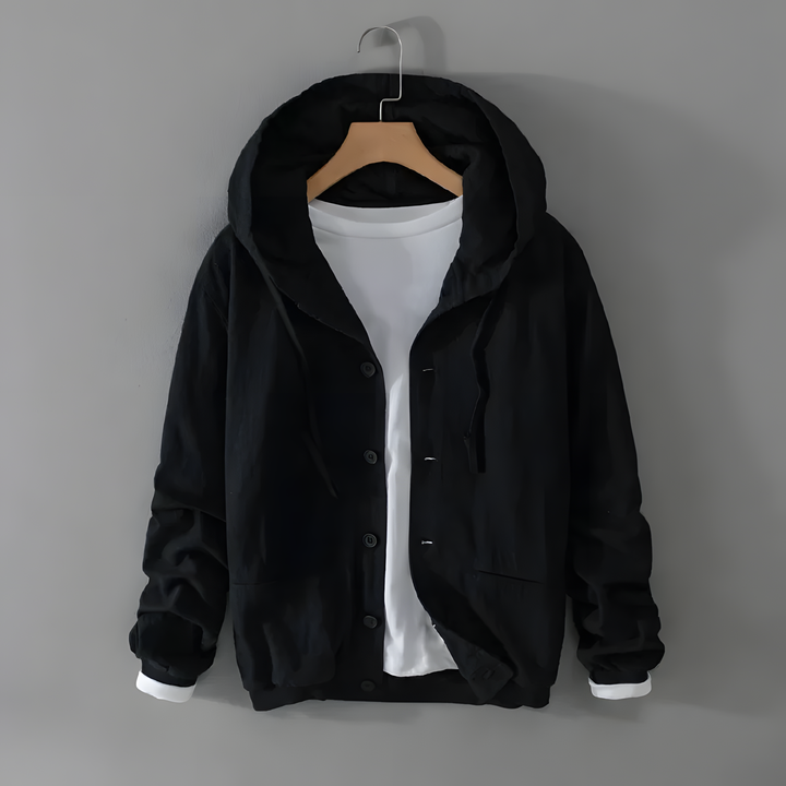 Element Linen Hoodie in black with a roomy hood, adjustable drawstring, and a stylish button closure.