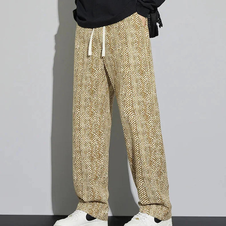 Lennox Cotton Linen Pants in woven herringbone pattern, featuring a relaxed fit and adjustable drawstring waist.