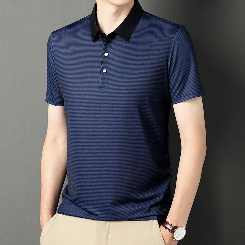 Elegant Eden Striped Polo with a bold contrast collar and sharp micro-stripe texture for a modern look.