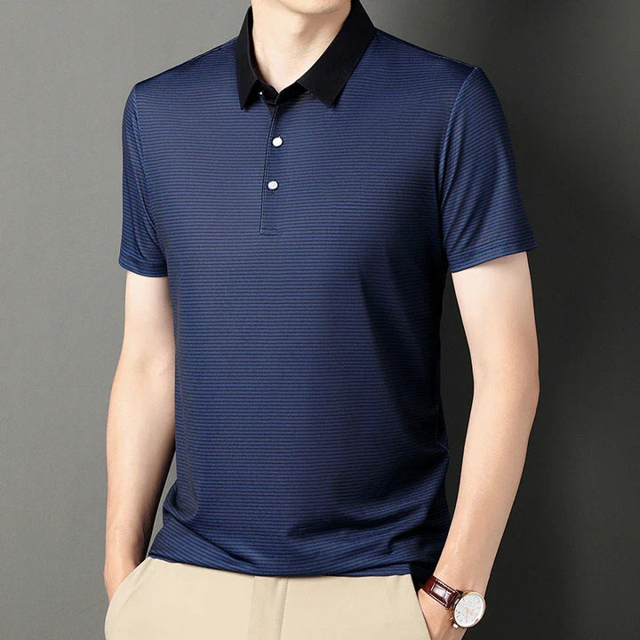 Elegant Eden Striped Polo with a bold contrast collar and sharp micro-stripe texture for a modern look.