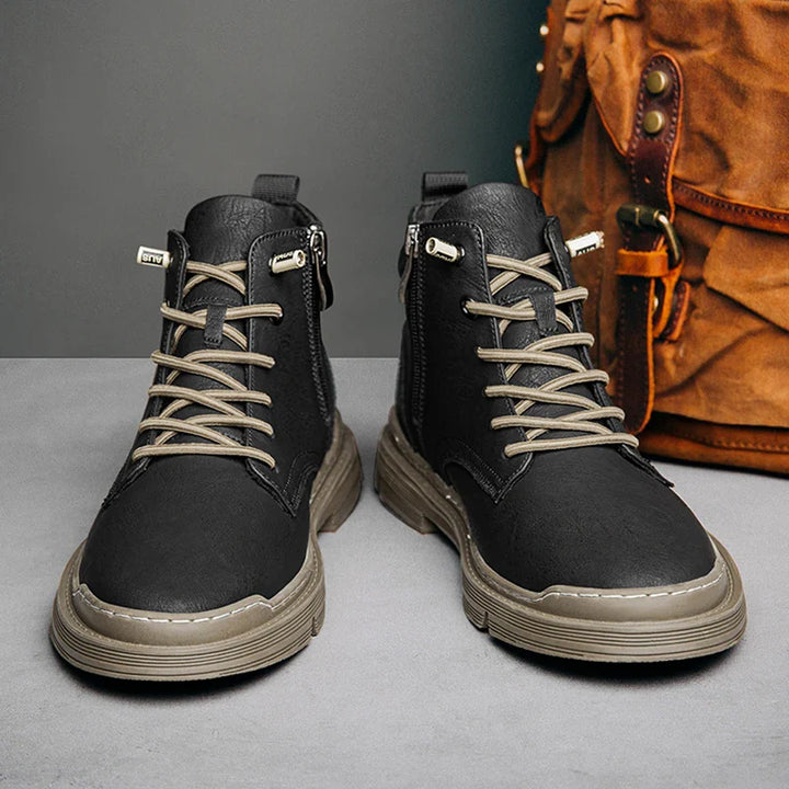 Wayfarer genuine leather hi-tops with zip and lace-up design, featuring durable sole and stylish accents.