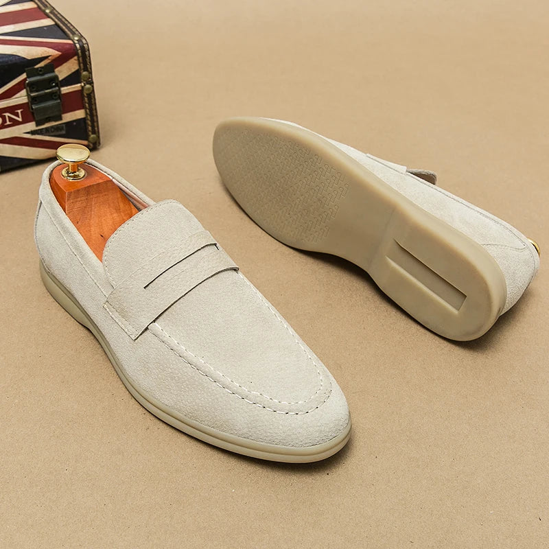 Stylish Levor men's suede loafers in cream with architectural strap and lightweight sole for ultimate comfort and elegance.