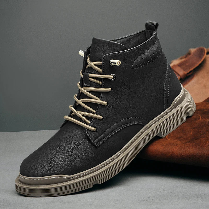 Wayfarer genuine leather hi-tops with lace-up design, rugged sole, and optional fur lining for added warmth.