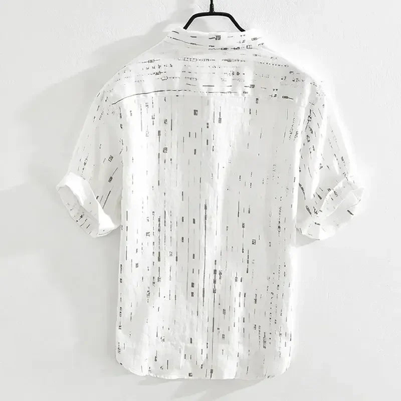 Back view of Baxton Casual Button-Up Shirt featuring a vertical print and relaxed fit, ideal for warm weather.