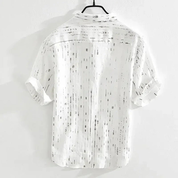 Back view of Baxton Casual Button-Up Shirt featuring a vertical print and relaxed fit, ideal for warm weather.