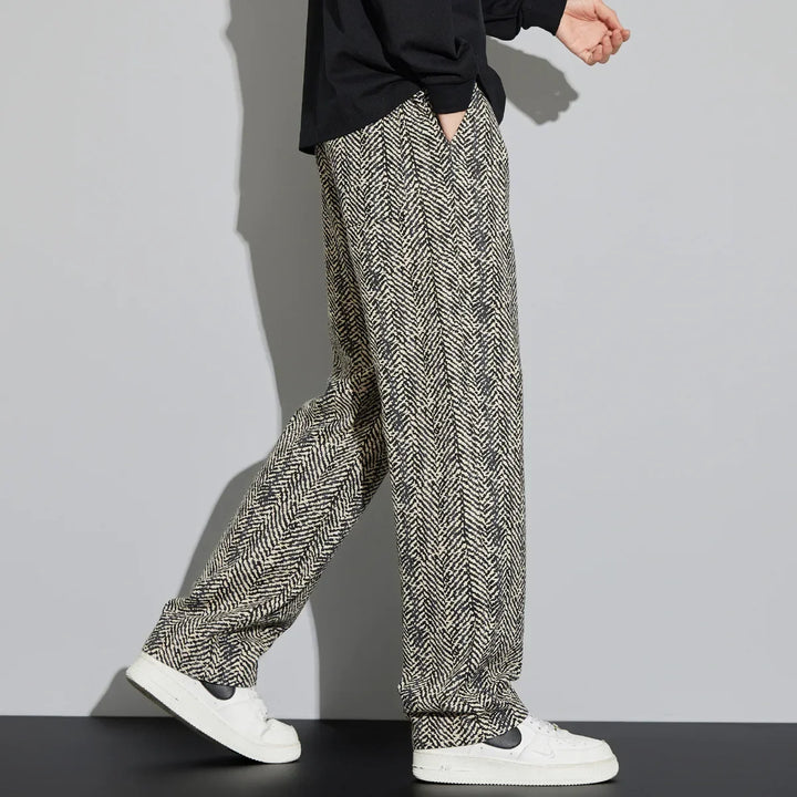 Lennox Cotton Linen Pants in woven herringbone texture with a relaxed fit, perfect for all-season comfort.