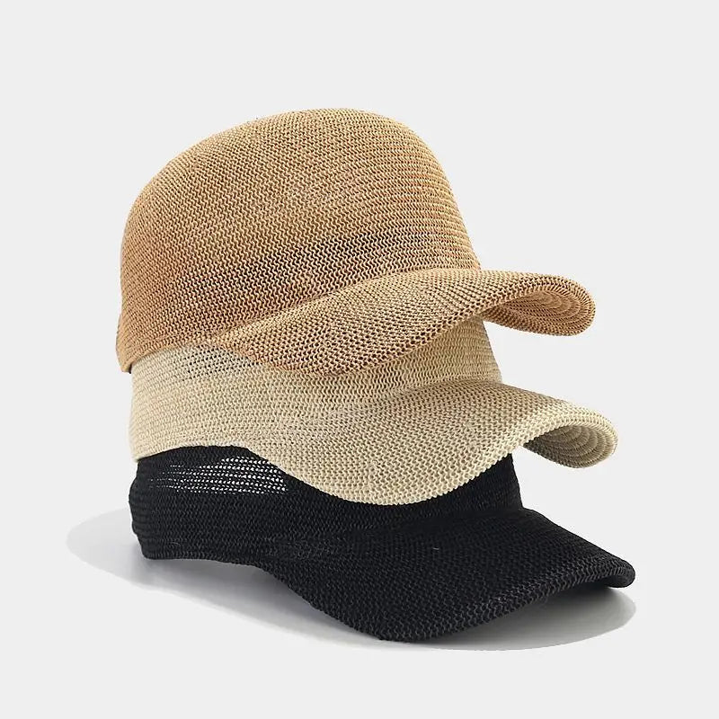 Three breathable woven sun caps in beige, ivory, and black, featuring a curved brim for sun protection and casual style.