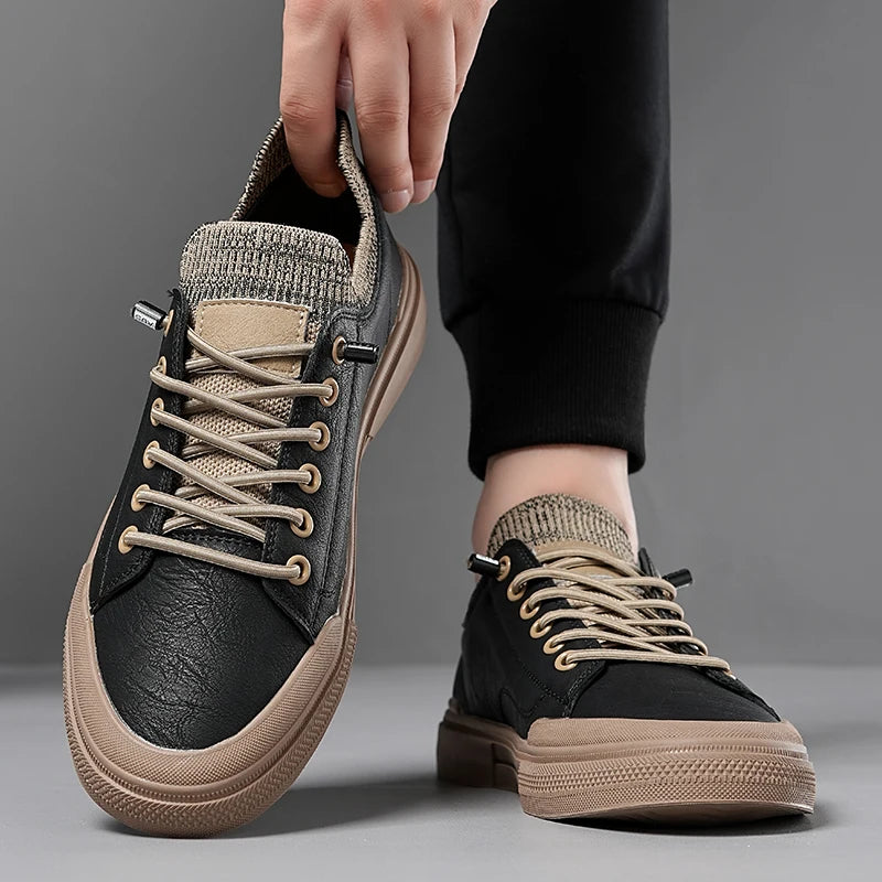 Prime Leather Knit Sneakers with flexible knit collar and rubber sole for comfort and style.