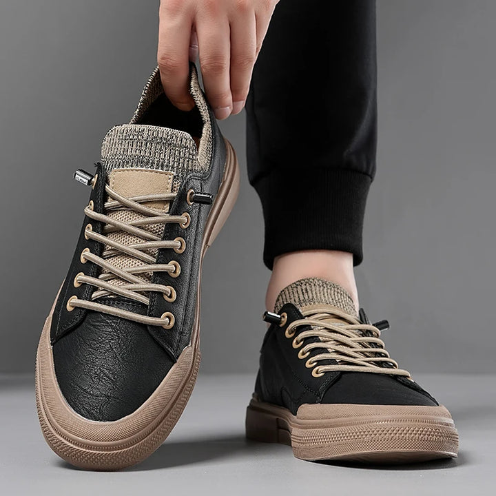 Prime Leather Knit Sneakers with flexible knit collar and rubber sole for comfort and style.