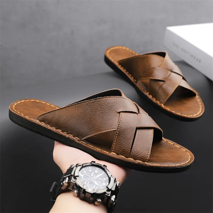 Kairo Genuine Leather Crossover Sandals with contoured footbed and wide straps for support and style.
