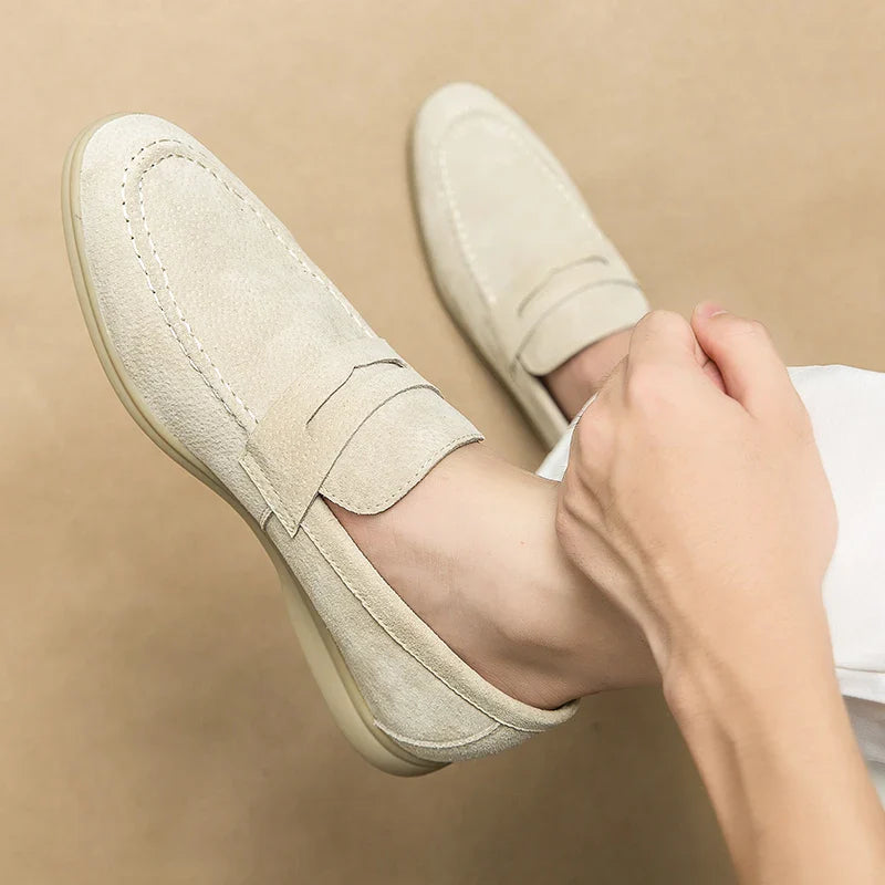 Levor Men's suede loafers showcasing buttery smooth texture and sculptural strap, ideal for comfort and style.