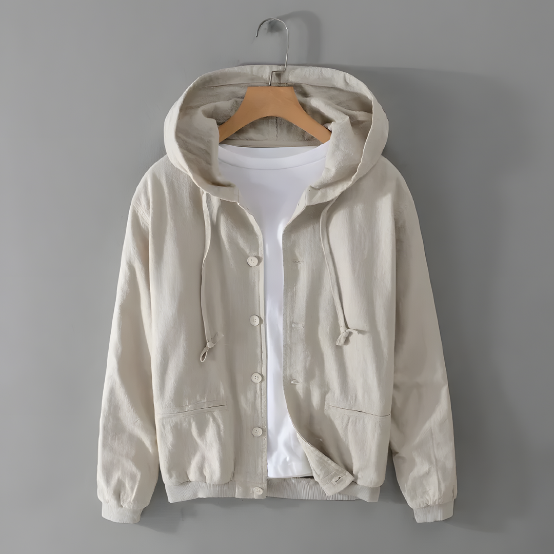Element Linen Hoodie in beige, made from a linen and cotton blend with adjustable drawstrings and button closure.