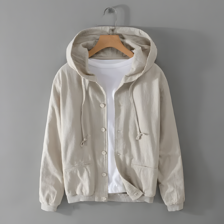Element Linen Hoodie in beige, made from a linen and cotton blend with adjustable drawstrings and button closure.