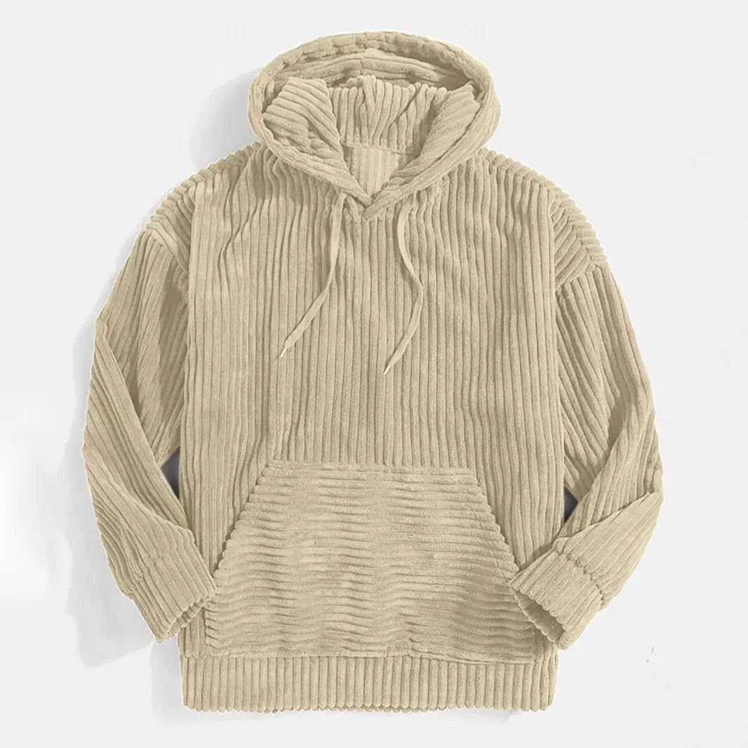 Summit Corduroy Hoodie in soft beige with ribbed texture, relaxed fit, cozy hood, and front pocket for style and comfort.