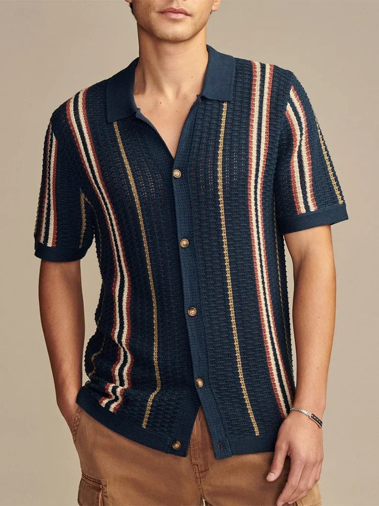Vera Men's Knitted Shirt featuring vertical stripes, textured knit, and smart collar for comfort and style.