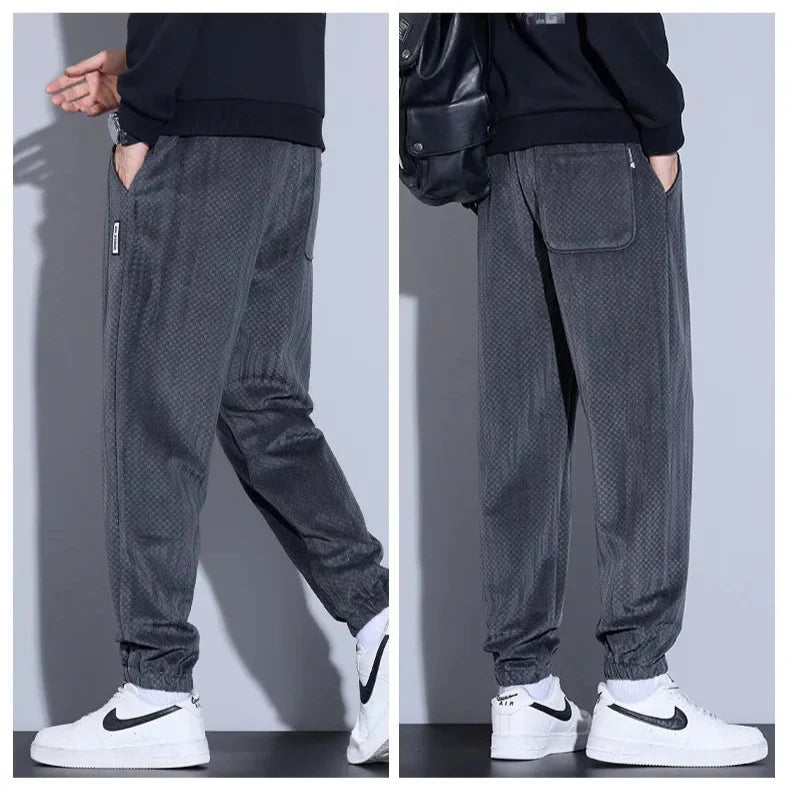 Riden Checkered Corduroy Pants featuring a tapered fit and brushed interior for comfort, styled with white sneakers.