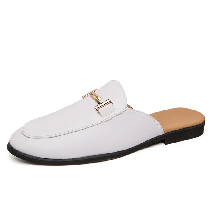 Santino Backless Slide Loafers in white with gold bit hardware for a sleek, polished look.