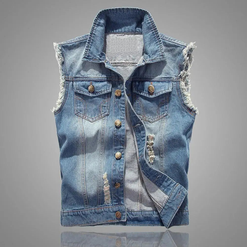 Knox Denim Vest with raw-edge design, sleeveless, heavy distressing, and dual flap pockets for a casual yet edgy look.