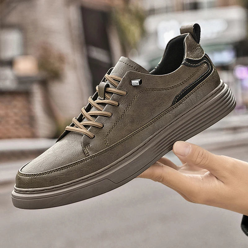 Genesis Leather Sneakers in olive green featuring cushioned interior and durable rubber sole for style and comfort.