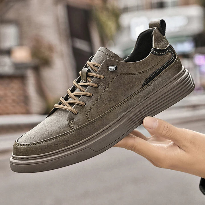 Genesis Leather Sneakers in olive green featuring cushioned interior and durable rubber sole for style and comfort.