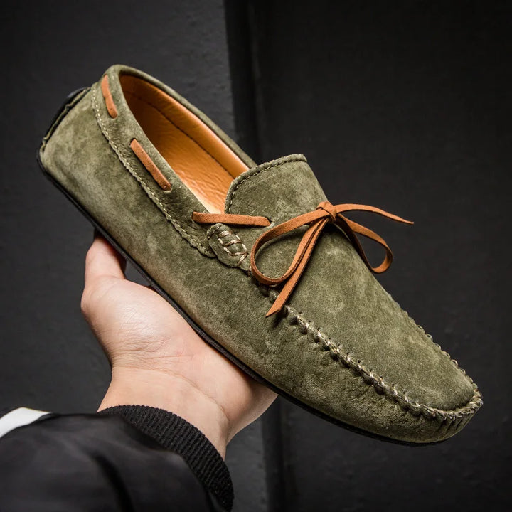 Monte Carlo genuine cowhide suede loafers in olive green with premium leather laces and hand-stitched details.