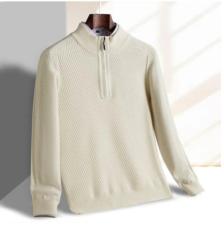 Windsor Quarter-Zip knitted sweater in cream with textured diagonal pattern and tailored slim-fit design