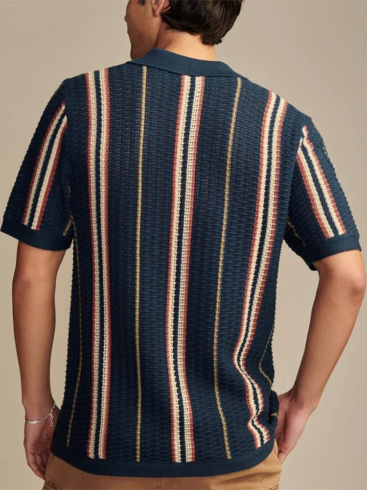 Vera Men's Knitted Shirt featuring striking vertical stripes and breathable textured knit for comfort.