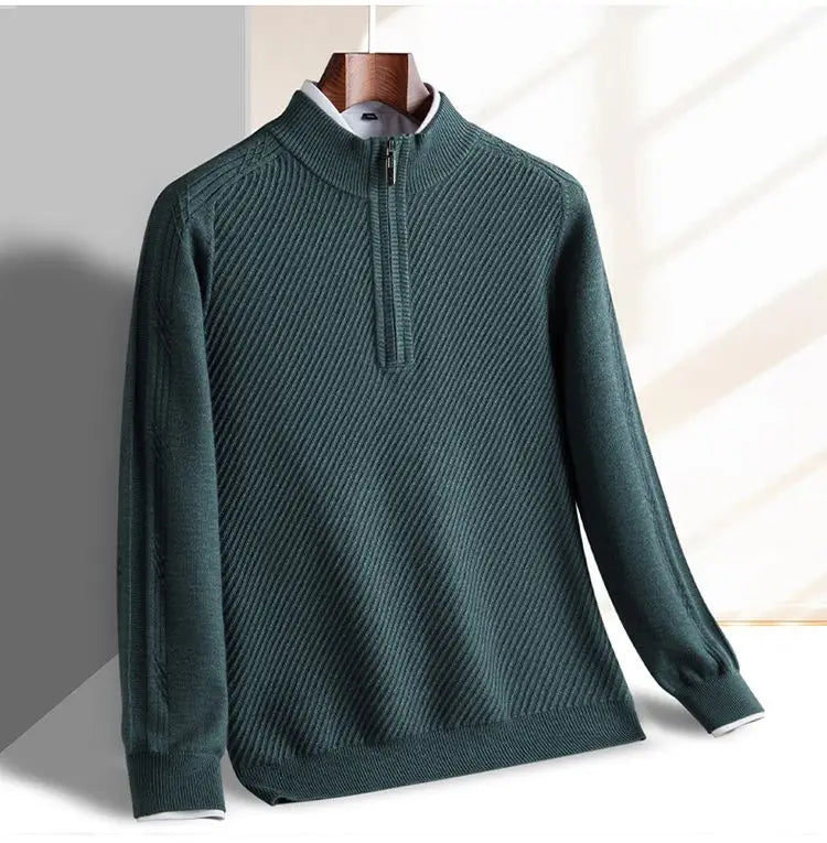 Windsor Quarter-Zip knitted sweater in green, featuring textured diagonal pattern and tailored slim-fit design.