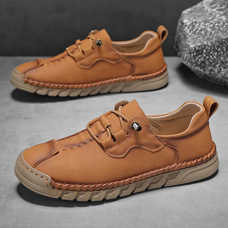 Vantage genuine leather shoes showcasing Italian design, durability, and comfort with hand-stitched detailing and flexible rubber sole.