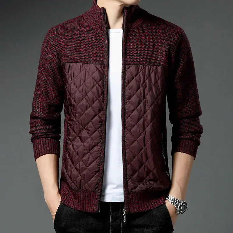 Men's Monarch Quilted Zip-Up cardigan featuring a quilted front and textured knit sleeves in burgundy.