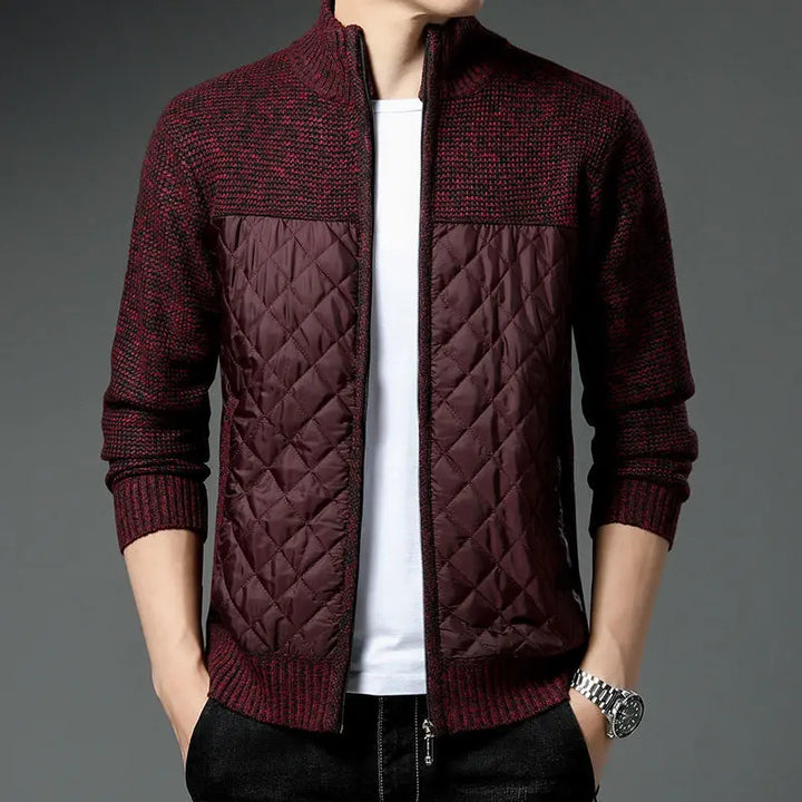 Men's Monarch Quilted Zip-Up cardigan featuring a quilted front and textured knit sleeves in burgundy.