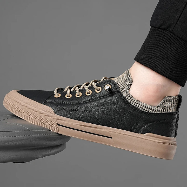 Prime Leather Knit Sneakers with flexible collar and durable rubber sole, perfect for style and comfort.