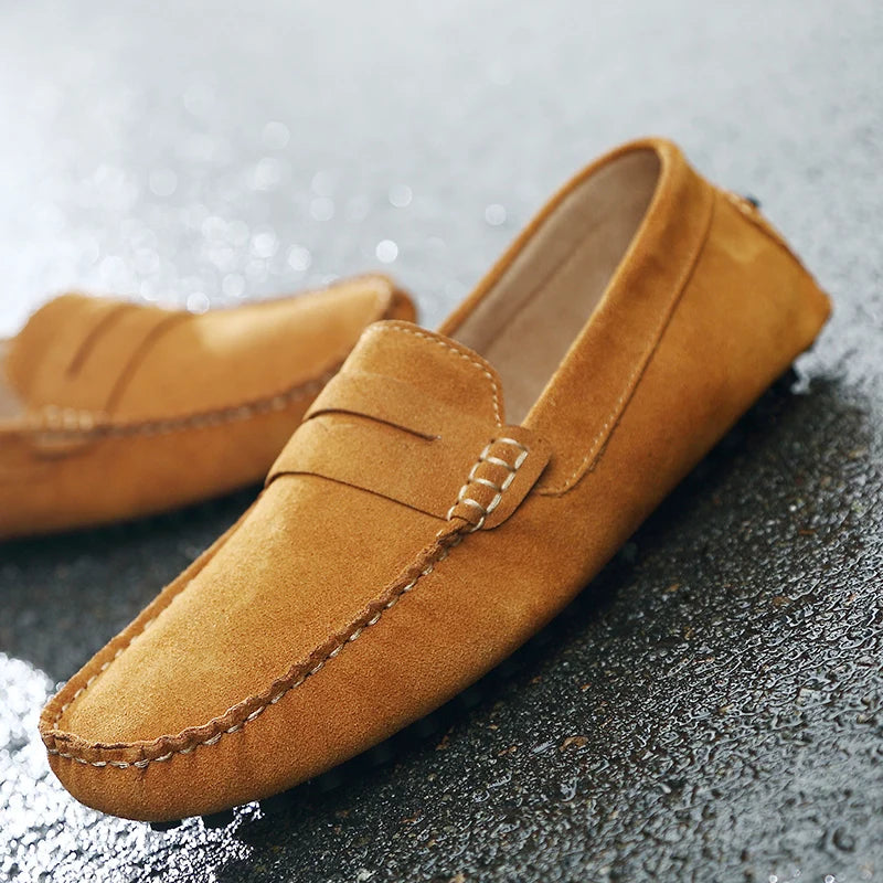 Grazia Suede Loafers in tan, featuring authentic cow suede, hand-stitched detailing, and a flexible rubber sole.