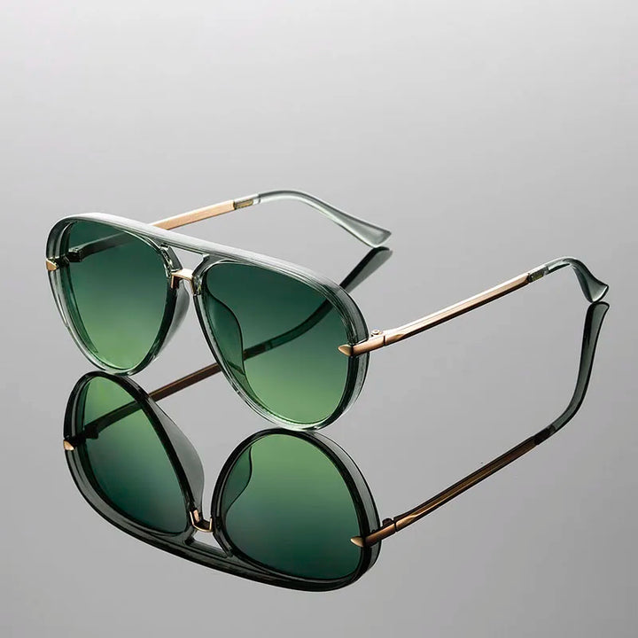 Stratos Sunglasses featuring green tinted lenses, double-bridge metal frame, lightweight design with UV400 protection.