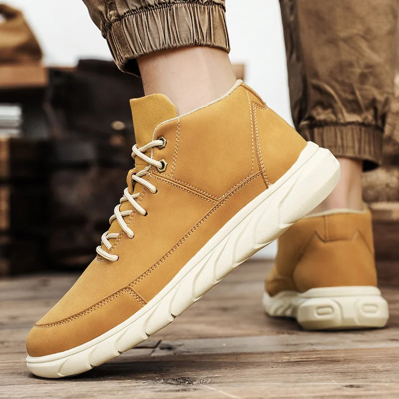 Summit Leather Mid-Tops: stylish tan mid-top sneakers with cushioned sole and secure lace-up design.