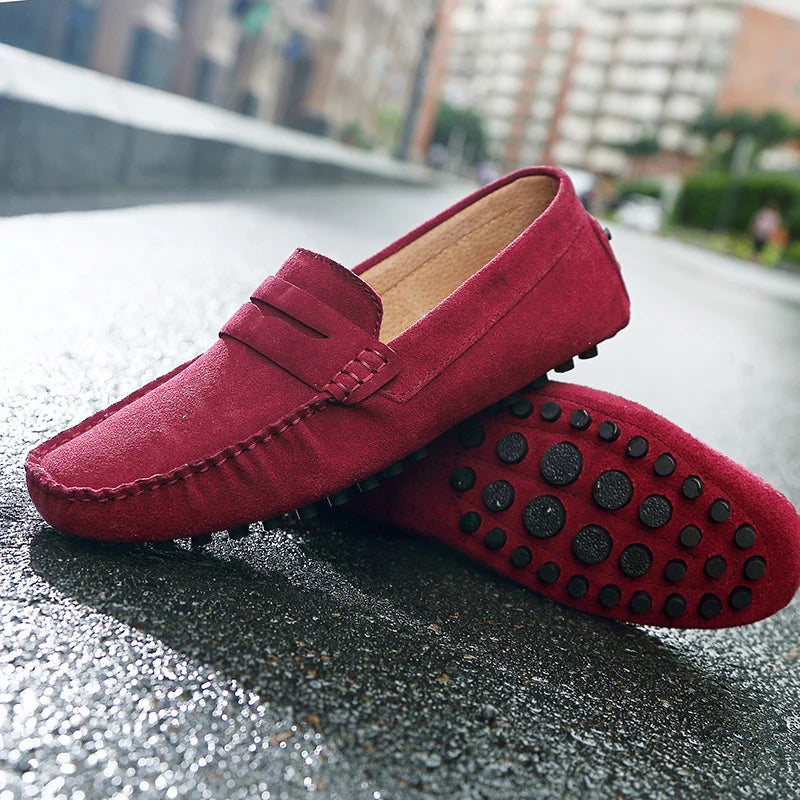 Grazia Suede Loafers in rich burgundy with rubber sole, featuring hand-stitched detailing and ultra-flexible fit.