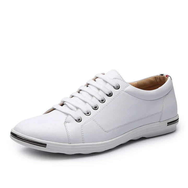 Paxton Low-Top Comfort Sneakers in white leather with hidden lacing and memory foam insoles for all-day comfort.