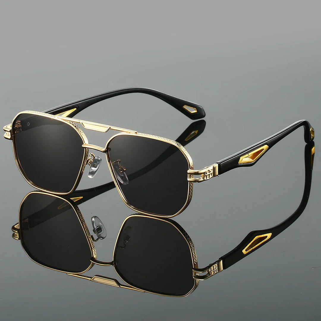 Kensley Aviator Sunglasses with gold detailing and black frames, featuring anti-glare lenses and customizable nose pads.