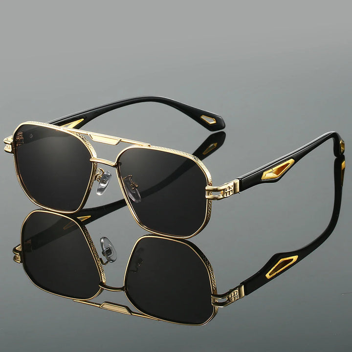 Kensley Aviator Sunglasses with gold detailing and black frames, featuring anti-glare lenses and customizable nose pads.