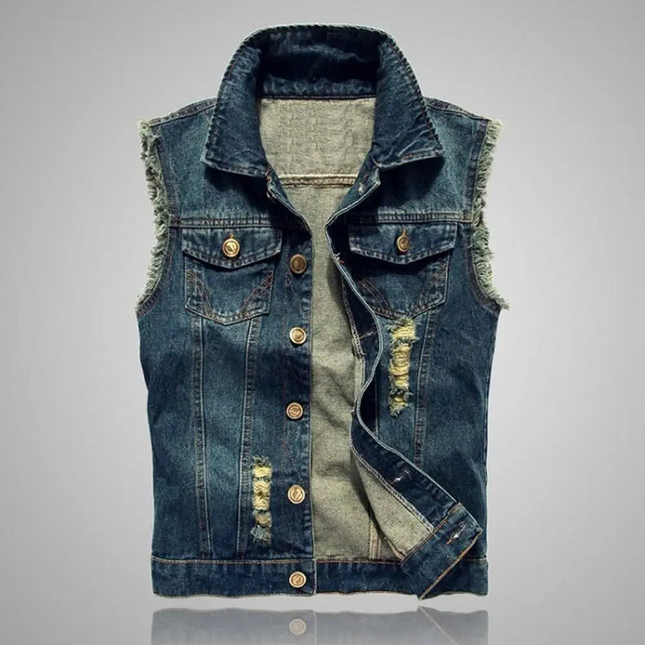 Knox Denim Vest featuring raw-edge design, distressed detailing, and classic button-front style for a casual yet edgy look.